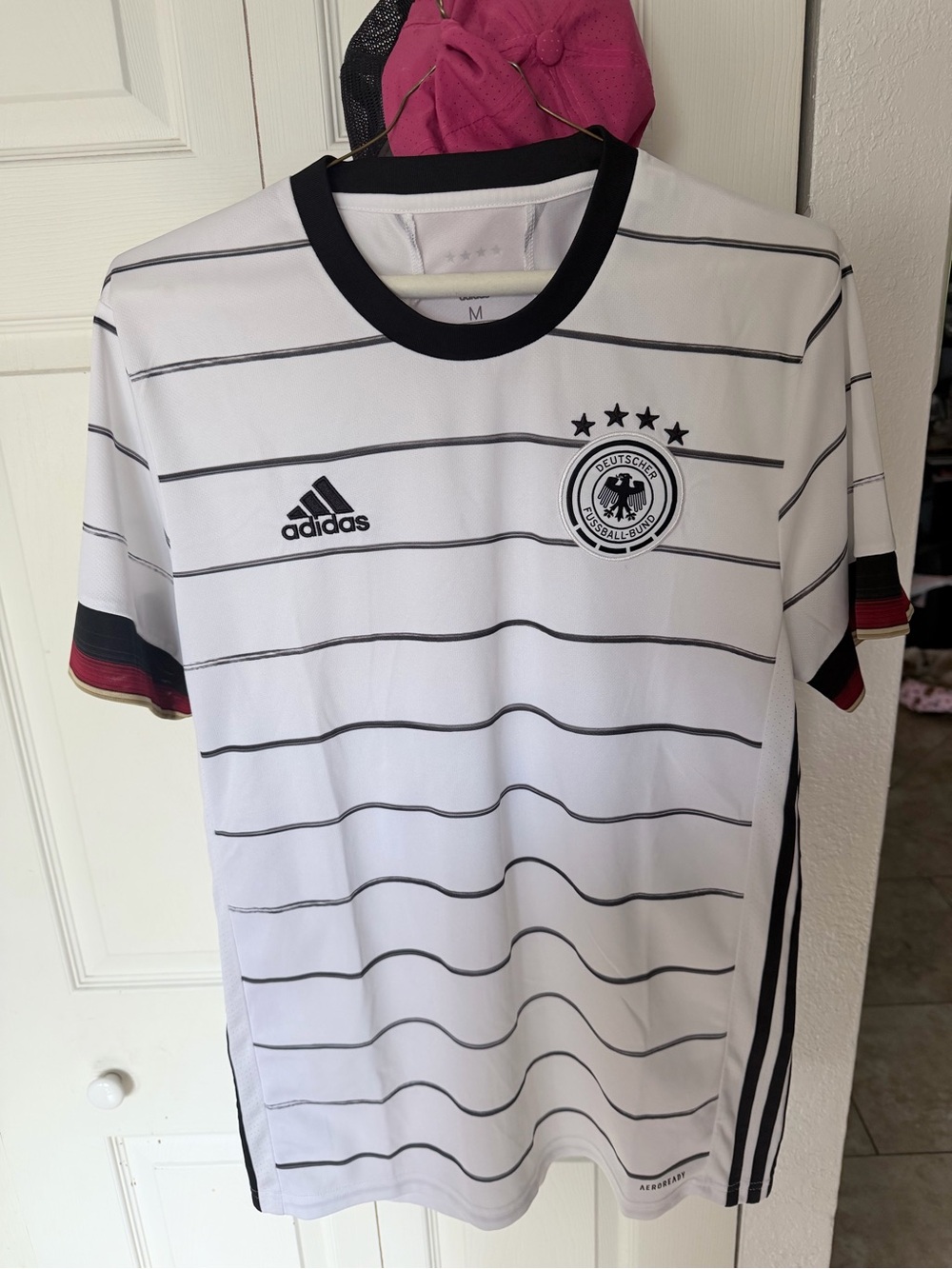 adidas Germany White Soccer Jersey with Black Trim and Red Sleeve Accents